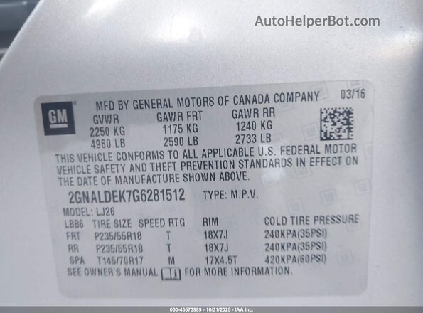 2GNALDEK7G6281512 2016 CHEVROLET EQUINOX Silver Շարժիչի բաժամունքի տեսք