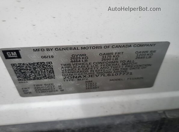 2GNAXJEV7L6107771 2020 CHEVROLET EQUINOX White Vista de la etiqueta del VIN