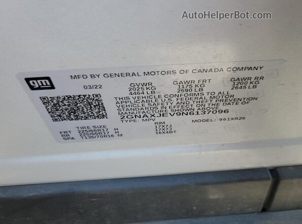2GNAXJEV9N6137096 2022 CHEVROLET EQUINOX Серебряный Вид наклейки с VIN-кодом