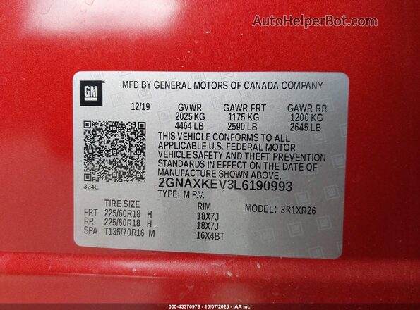 2GNAXKEV3L6190993 2020 CHEVROLET EQUINOX Orange Vista del compartimento del motor