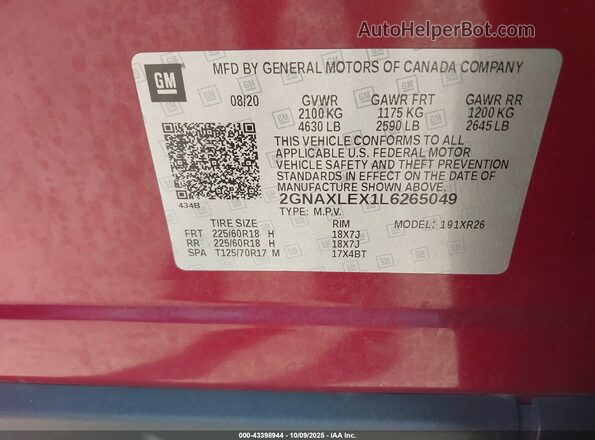 2GNAXLEX1L6265049 2020 CHEVROLET EQUINOX Red ძრავის განყოფილების ხედი
