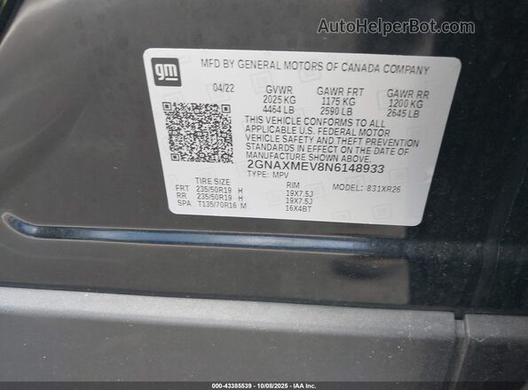 2GNAXMEV8N6148933 2022 CHEVROLET EQUINOX Black Vista del compartimento del motor