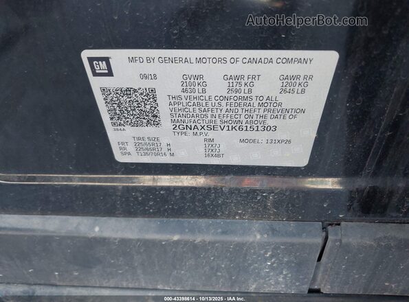 2GNAXSEV1K6151303 2019 CHEVROLET EQUINOX Black Вид підкапотного простору