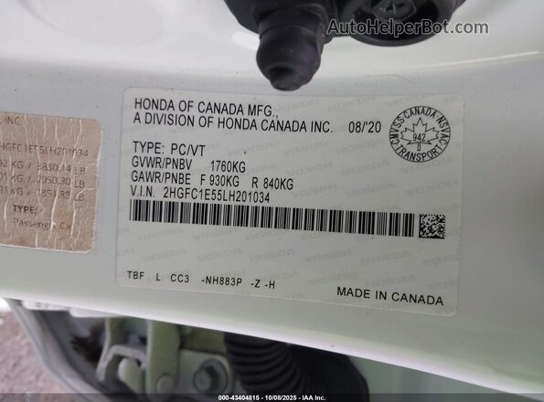 2HGFC1E55LH201034 2020 HONDA CIVIC White Vista del compartimento del motor