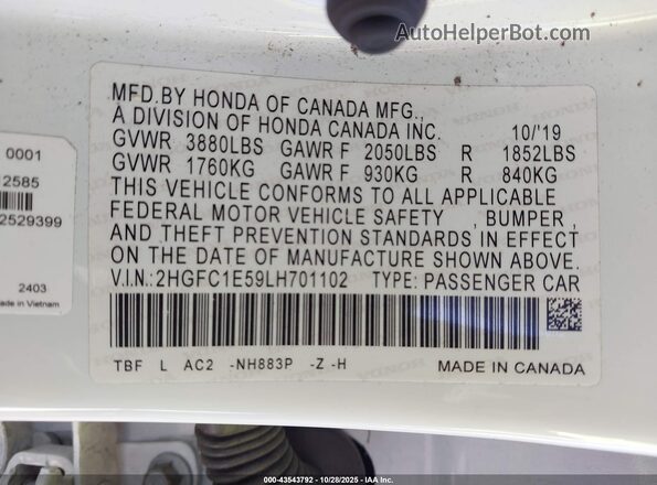 2HGFC1E59LH701102 2020 HONDA CIVIC White Շարժիչի բաժամունքի տեսք