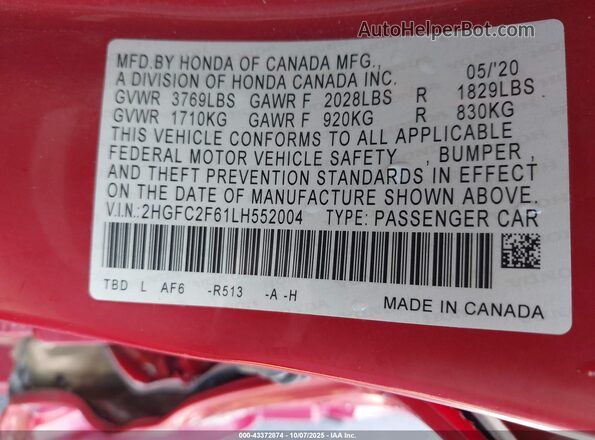 2HGFC2F61LH552004 2020 HONDA CIVIC Red Շարժիչի բաժամունքի տեսք