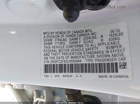 2HGFC2F62LH580944 2020 HONDA CIVIC White Вид підкапотного простору