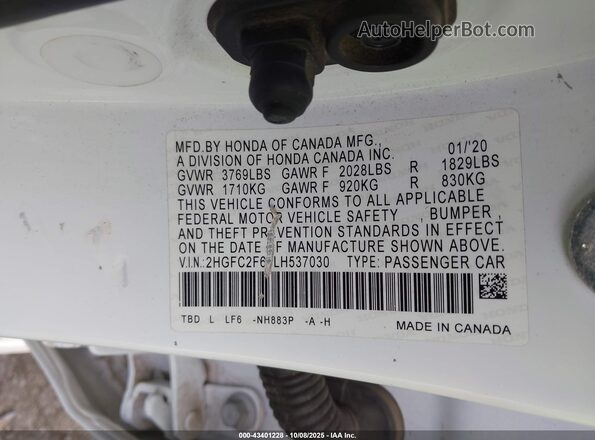 2HGFC2F64LH537030 2020 HONDA CIVIC White Engine compartment view