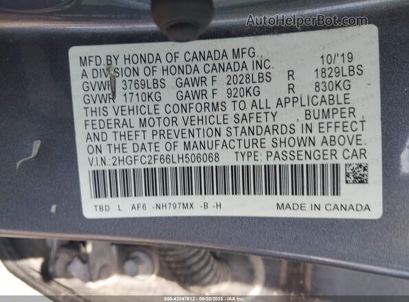2HGFC2F66LH506068 2020 HONDA CIVIC Gray Շարժիչի բաժամունքի տեսք