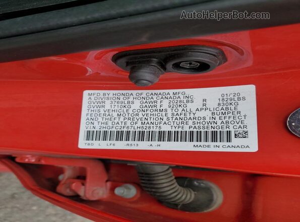 2HGFC2F67LH528175 2020 HONDA CIVIC Красный Вид подкапотного пространства