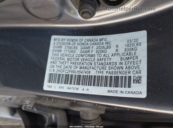2HGFC2F69LH547438 2020 HONDA CIVIC Gray Widok komory silnika