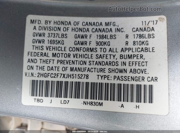 2HGFC2F7XJH515278 2018 HONDA CIVIC Gray ძრავის განყოფილების ხედი