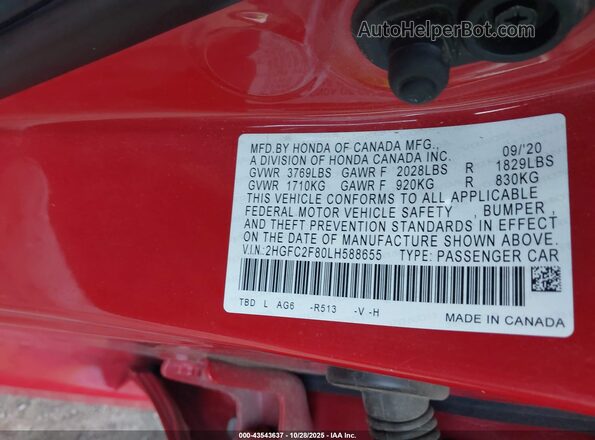 2HGFC2F80LH588655 2020 HONDA CIVIC Red Вид підкапотного простору