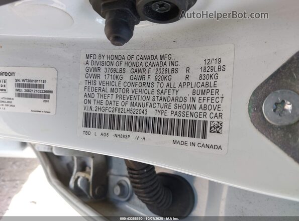 2HGFC2F82LH522043 2020 HONDA CIVIC Белый Вид подкапотного пространства