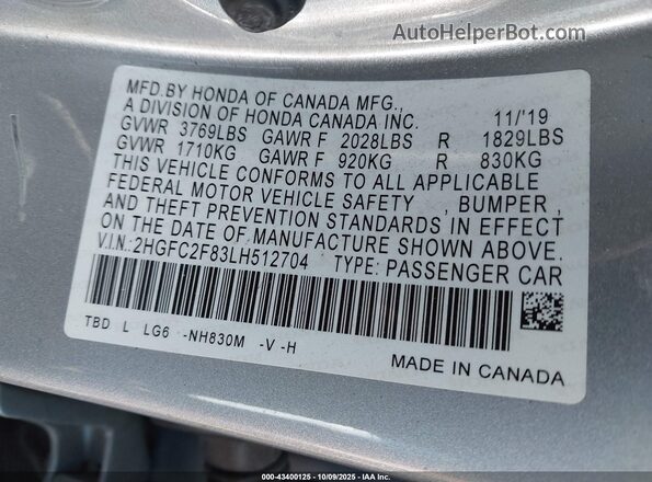 2HGFC2F83LH512704 2020 HONDA CIVIC Silver Շարժիչի բաժամունքի տեսք