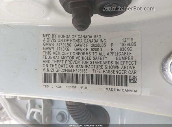 2HGFC2F85LH523168 2020 HONDA CIVIC White Вид підкапотного простору