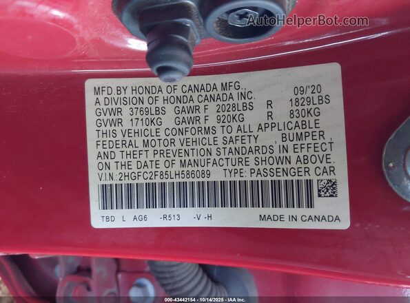 2HGFC2F85LH586089 2020 HONDA CIVIC Red Widok komory silnika
