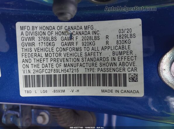 2HGFC2F89LH547215 2020 HONDA CIVIC Blue Շարժիչի բաժամունքի տեսք