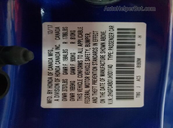 2HGFC4B01JH301140 2018 HONDA CIVIC Blue ძრავის განყოფილების ხედი