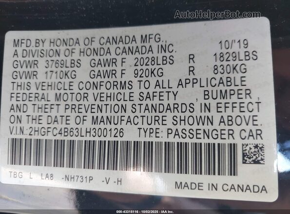 2HGFC4B63LH300126 2020 HONDA CIVIC Black Vista del compartimento del motor
