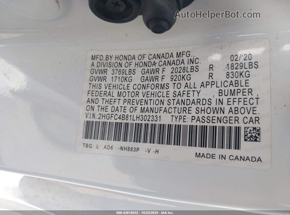 2HGFC4B81LH302331 2020 HONDA CIVIC White Vista del compartimento del motor
