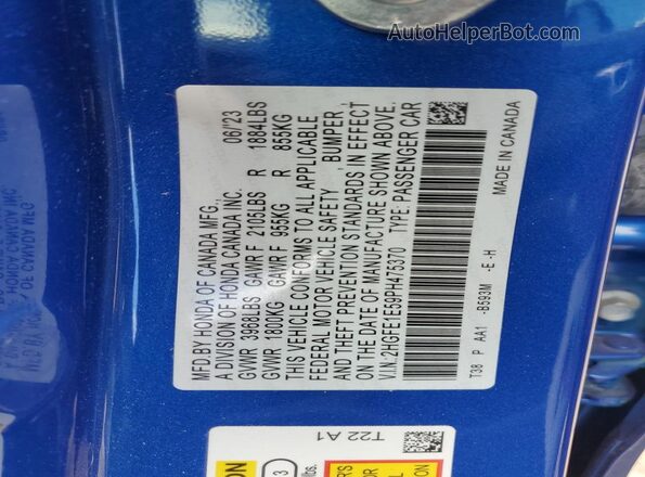 2HGFE1E59PH475370 2023 HONDA CIVIC Blue Vista del compartimento del motor