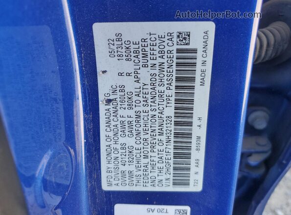 2HGFE1F71NH321328 2022 HONDA CIVIC Blue VIN კოდის სტიკერის ხედი