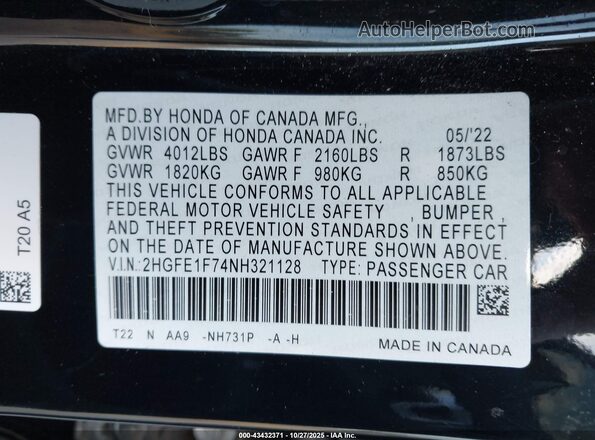2HGFE1F74NH321128 2022 HONDA CIVIC Black Engine compartment view