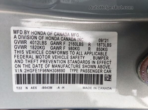 2HGFE1F96NH308690 2022 HONDA CIVIC Blue 