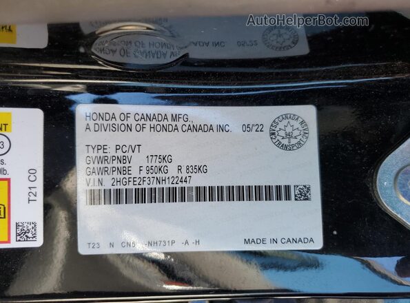 2HGFE2F37NH122447 2022 HONDA CIVIC Black 
