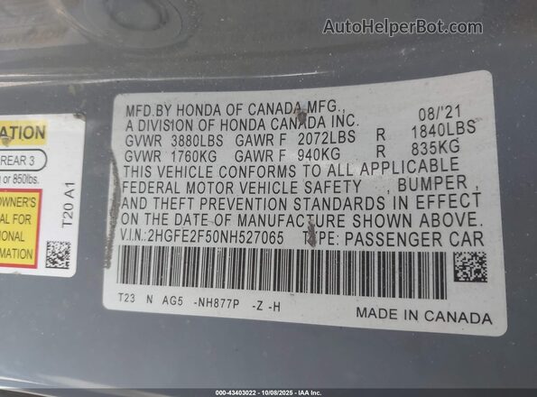 2HGFE2F50NH527065 2022 HONDA CIVIC Light Blue Вид підкапотного простору