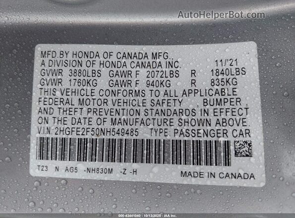 2HGFE2F50NH549485 2022 HONDA CIVIC Gray Engine compartment view