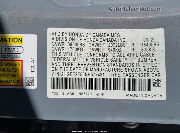 2HGFE2F50NH577481 2022 HONDA CIVIC Light Blue Engine compartment view