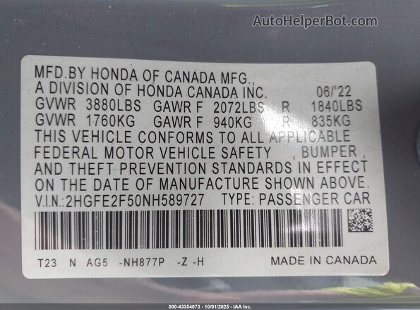 2HGFE2F50NH589727 2022 HONDA CIVIC Gray Շարժիչի բաժամունքի տեսք