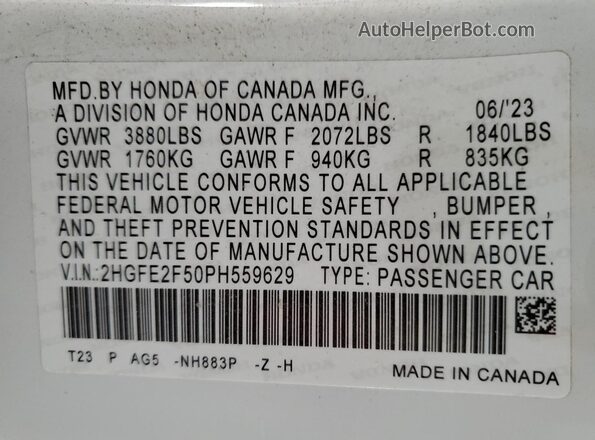 2HGFE2F50PH559629 2023 HONDA CIVIC White 