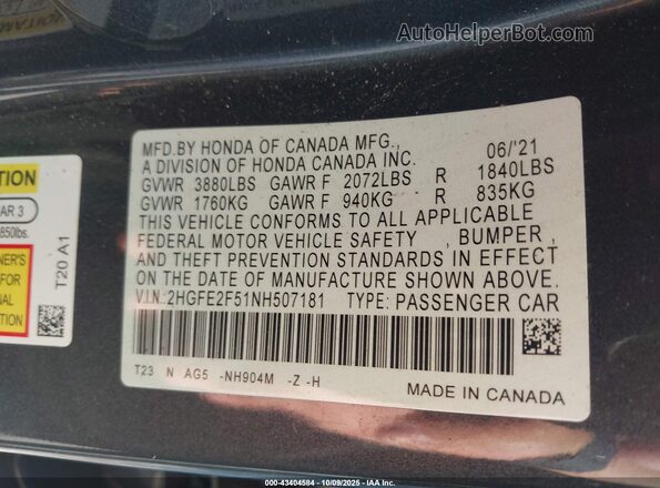 2HGFE2F51NH507181 2022 HONDA CIVIC Gray Вид підкапотного простору