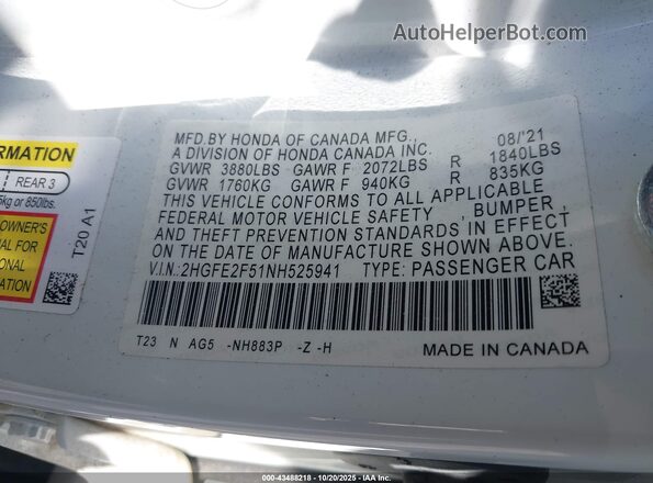 2HGFE2F51NH525941 2022 HONDA CIVIC White Widok komory silnika