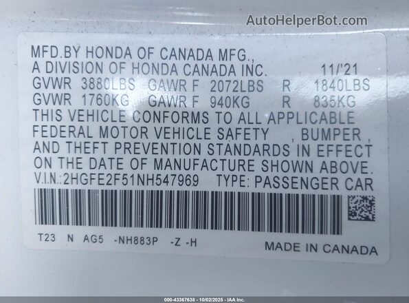 2HGFE2F51NH547969 2022 HONDA CIVIC White Շարժիչի բաժամունքի տեսք