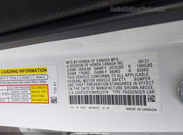 2HGFE2F52NH522319 2022 HONDA CIVIC White ძრავის განყოფილების ხედი