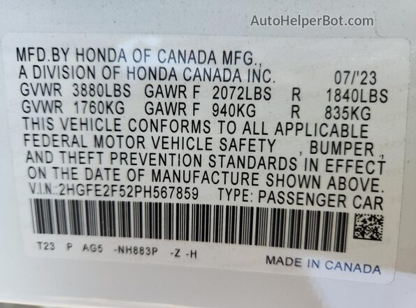 2HGFE2F52PH567859 2023 HONDA CIVIC White Շարժիչի բաժամունքի տեսք
