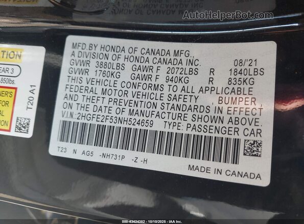 2HGFE2F53NH524659 2022 HONDA CIVIC Black ძრავის განყოფილების ხედი