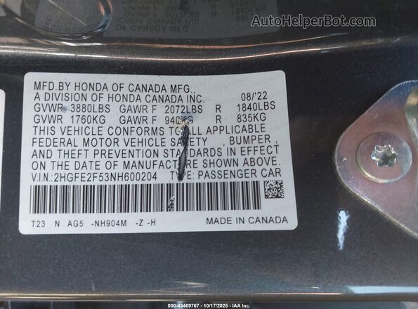 2HGFE2F53NH600204 2022 HONDA CIVIC Gray Widok komory silnika