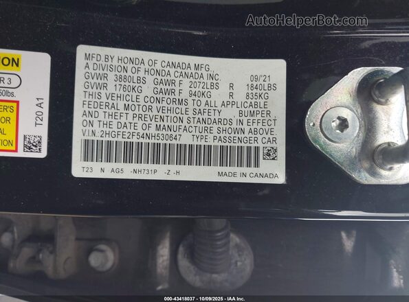 2HGFE2F54NH530647 2022 HONDA CIVIC Black Вид підкапотного простору
