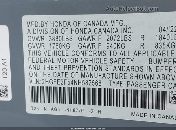2HGFE2F54NH582568 2022 HONDA CIVIC Gray Engine compartment view