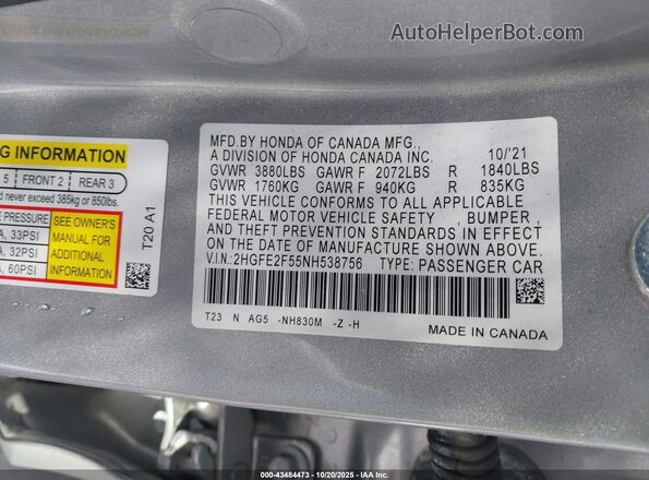 2HGFE2F55NH538756 2022 HONDA CIVIC Silver Շարժիչի բաժամունքի տեսք