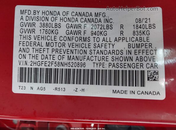 2HGFE2F58NH520896 2022 HONDA CIVIC Red Շարժիչի բաժամունքի տեսք
