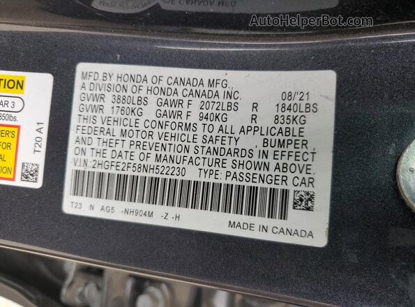 2HGFE2F58NH522230 2022 HONDA CIVIC Charcoal 