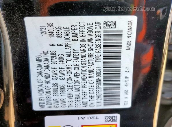 2HGFE2F58NH560377 2022 HONDA CIVIC Black Widok naklejki z numerem VIN