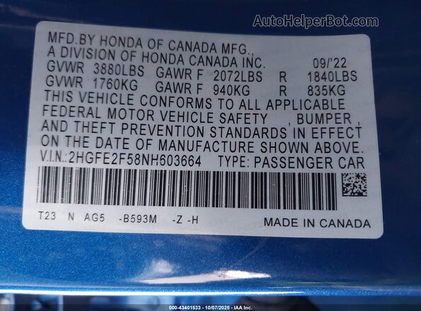 2HGFE2F58NH603664 2022 HONDA CIVIC Blue Vista del compartimento del motor