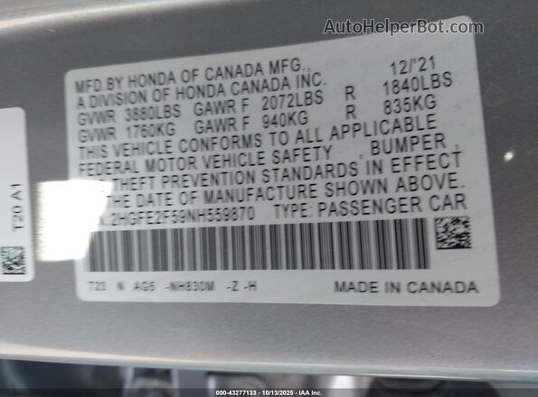 2HGFE2F59NH559870 2022 HONDA CIVIC Silver Engine compartment view